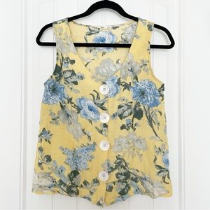 MANGO MNG Floral V Neck Button Up Sleeveless Blue Yellow Blouse Size Small